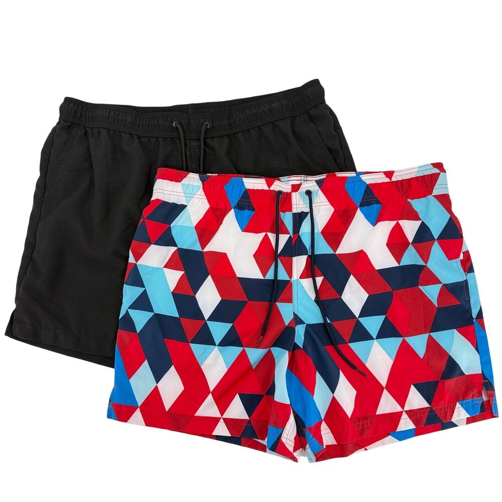 Lot of 2 George Swim Trunks Mens XL 40 - 42 Black & Geometric Red White Blue